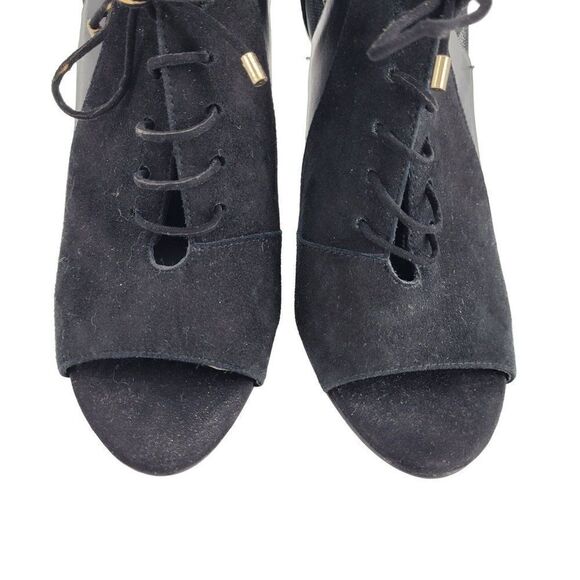 Zara Bootie Sandals 7.5 Black Leather Suede Mesh Patchwork Lace Peep Stilettos - Picture 11 of 17